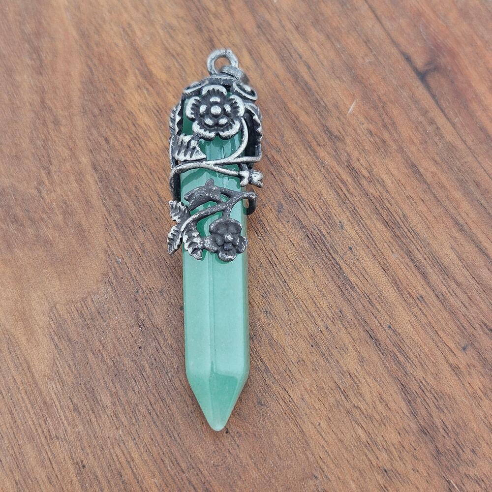 Silver Tone Wrapped Amethyst Green Obelisk Pendant Fae Fairycore Renaissance
